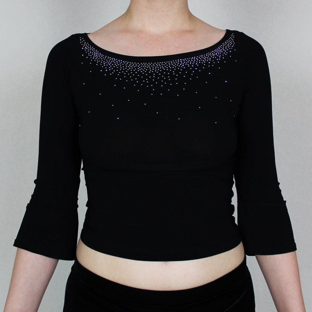 Black 3/4 length sleeve stud neckline stretch top